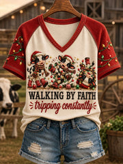 Walking By Faith Tripping Constantly V-Neck Shirt Christmas Cows Apparel USeful Gift For Women