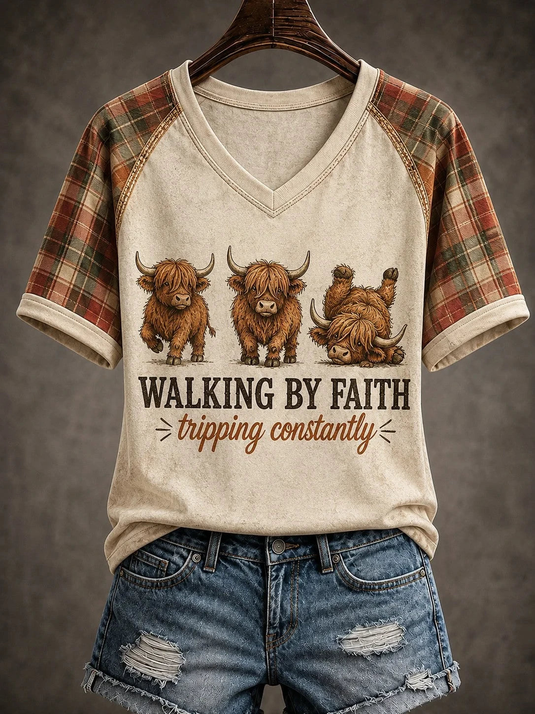 Walking By Faith Tripping Constantly V-Neck Shirt Highland Cow Humor Faith Clothing