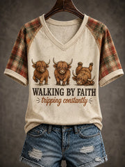 Walking By Faith Tripping Constantly V-Neck Shirt Highland Cow Humor Faith Clothing