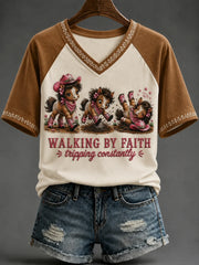 Walking By Faith Tripping Constantly V-Neck Shirt Horse Western Humor Clothes Gifts For Wife