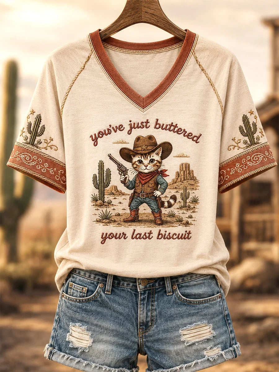 You've Just Buttered Your Last Biscuit V-Neck Shirt Western Cat Apparel Gift For Christian