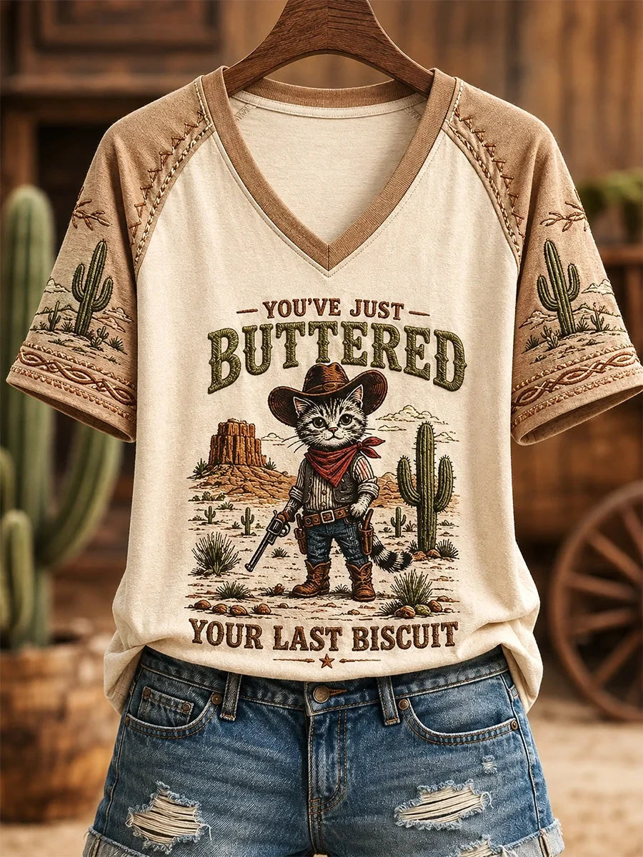 You've Just Buttered Your Last Biscuit V-Neck Shirt Western Cat Clothes Gifts For Teens