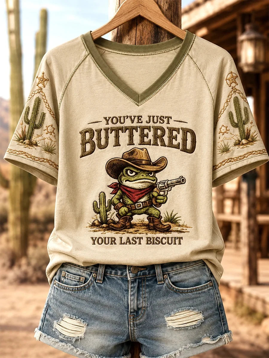 You've Just Buttered Your Last Biscuit V-Neck Shirt Western Frog Apparel Gifts For Her
