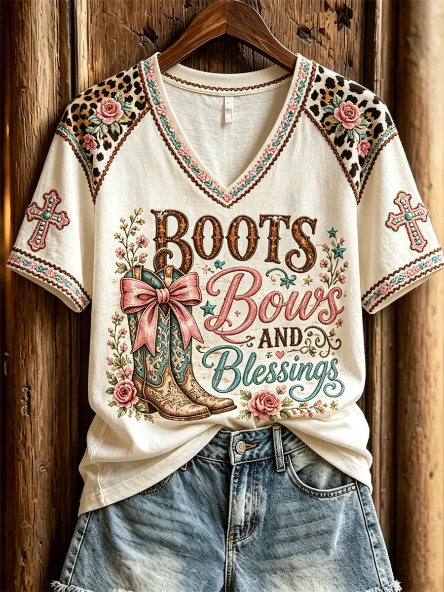 Boots Bows And Blessings V-Neck Shirt Western Christian Faith Shirt Unique Gifts For Women