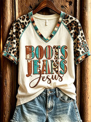 Boots Jeans Jesus Turquoise Cross Leopard V-Neck Shirt Christian Western Clothing Gifts