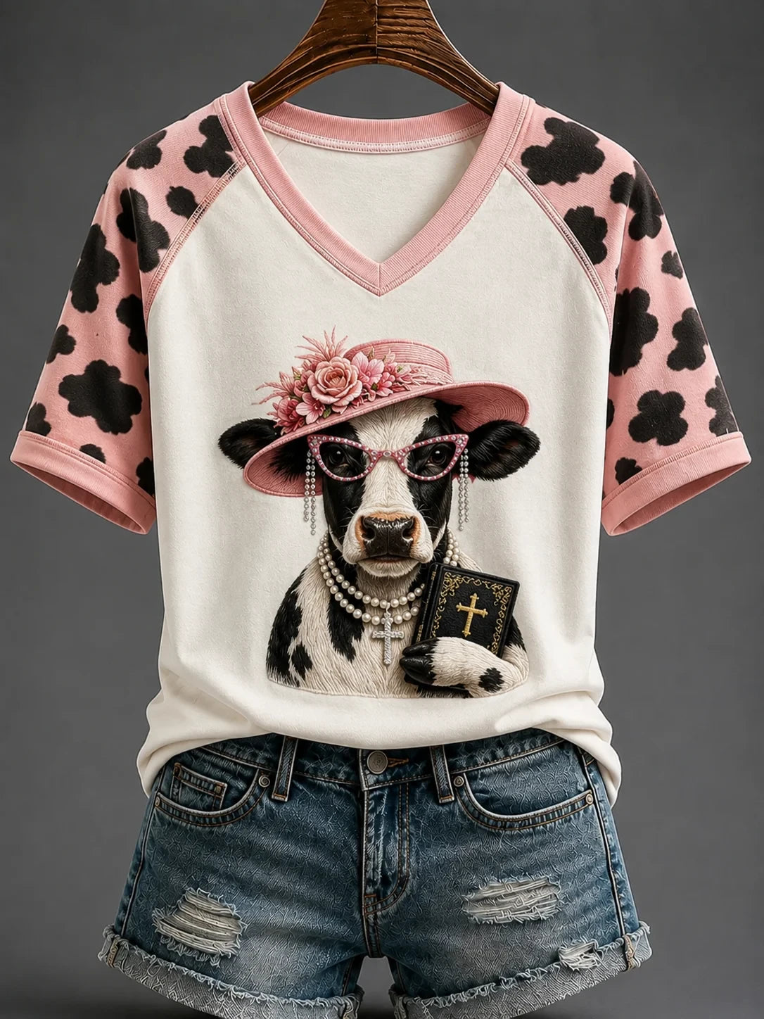 Cute Cow Holding Bible V-Neck Shirt Christian Faith Bible Clothing Best Gifts For Women