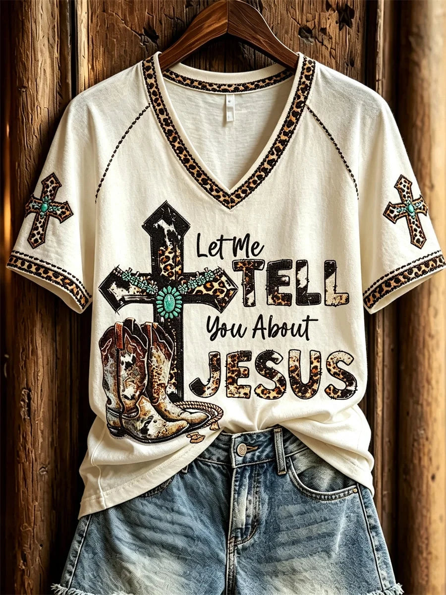 Let Me Tell You About Jesus V-Neck Shirt Christian Cross Jesus Clothing Gift For Student