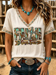 Faith Over Fear V-Neck Shirt Christian Cross Faith Clothes Christian Gifts For Women