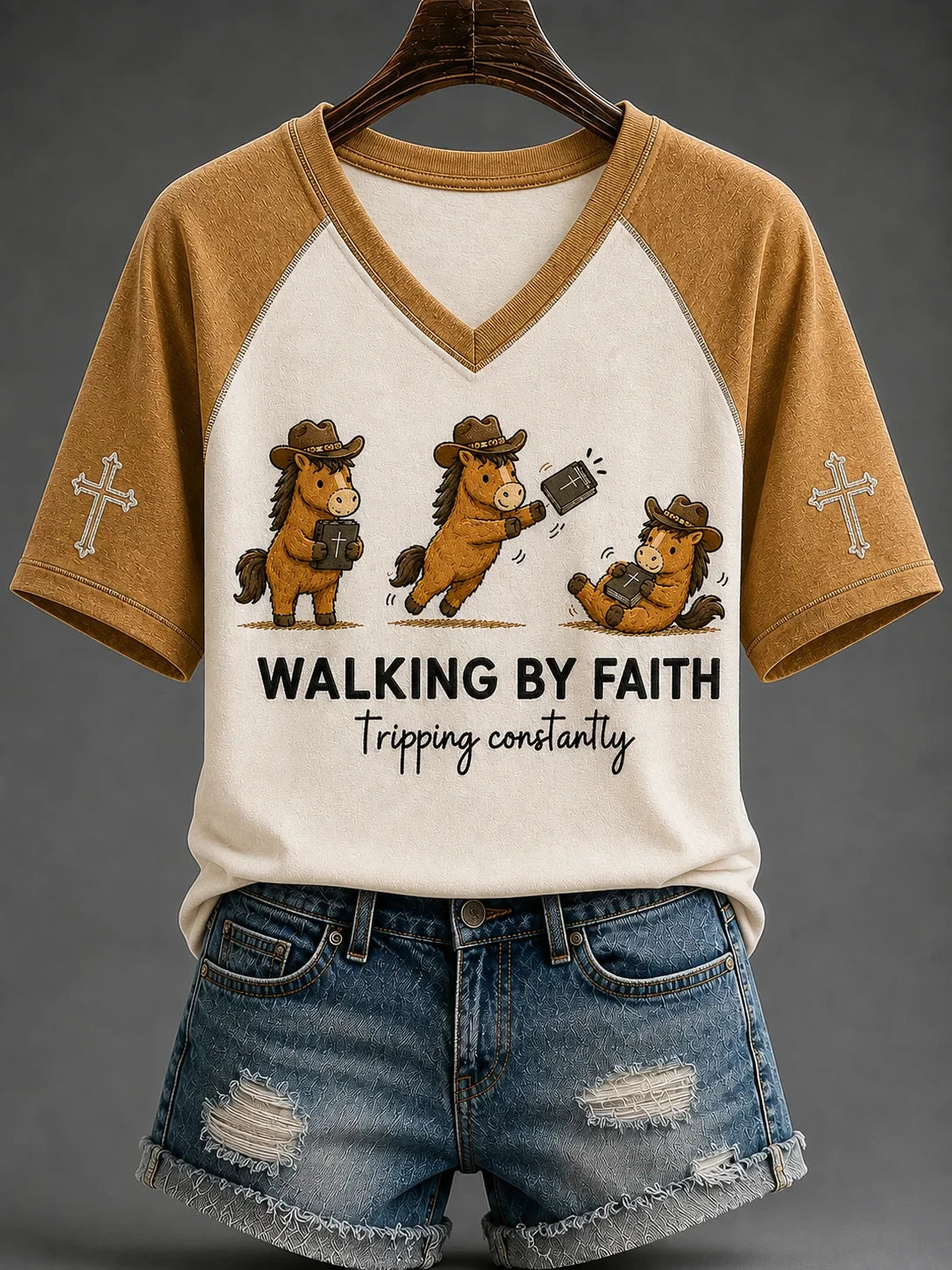 Walking By Faith Tripping Constantly V-Neck Shirt Christian Bible Horse Clothes