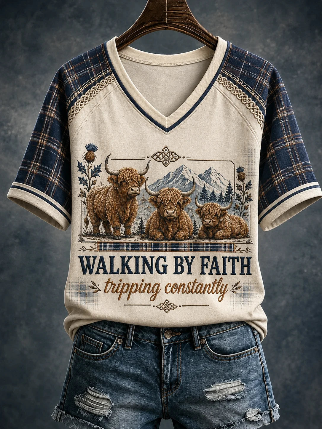 Walking By Faith Tripping Constantly V-Neck Shirt Highland Cow Faith Nature Shirt