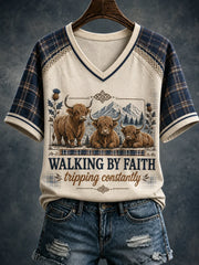 Walking By Faith Tripping Constantly V-Neck Shirt Highland Cow Faith Nature Shirt