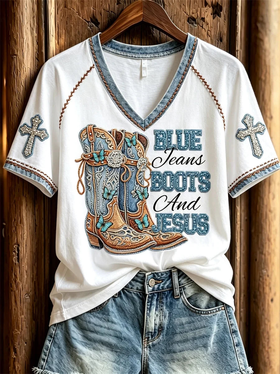 Blue Jeans Boots And Jesus V-Neck Shirt Christian Western Clothes Religious Wedding Gifts
