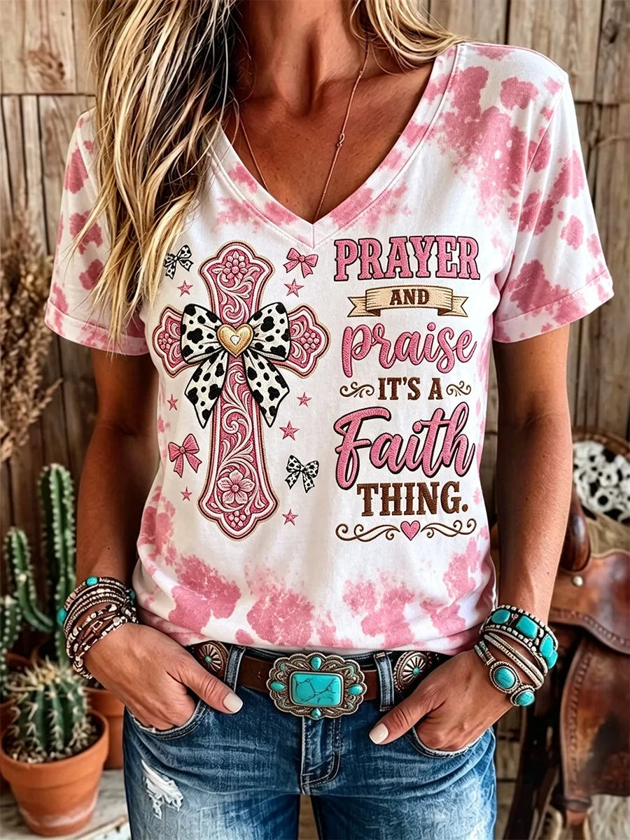 Prayer Praise Faith Western Cross Cow V-Neck Shirt Christian Faith Shirt Gifts For Women