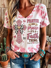 Prayer Praise Faith Western Cross Cow V-Neck Shirt Christian Faith Shirt Gifts For Women