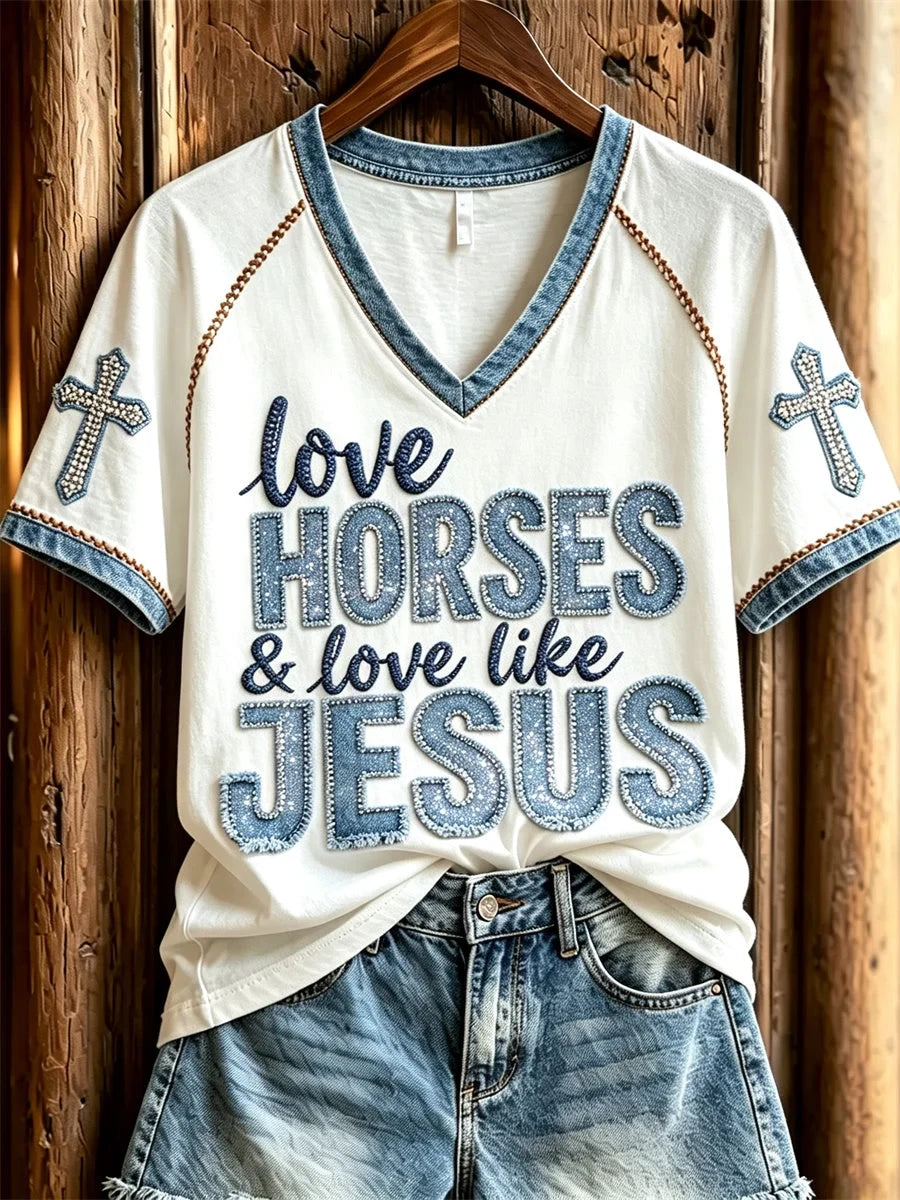 Love Horses And Love Like Jesus V-Neck Shirt Christian Jesus Shirt Easter Gifts