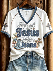 Raised On Jesus Blue Jeans V-Neck Shirt Christian Cross Boots Shirt Gifts For My Wife