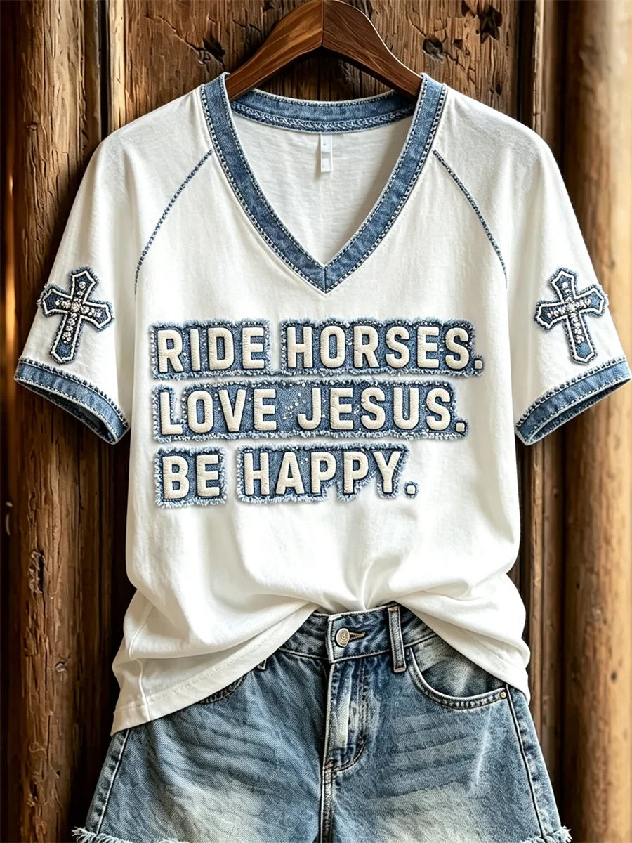 Ride Horses Love Jesus Be Happy Cross V-Neck Shirt Christian Cross Clothing USeful Gifts