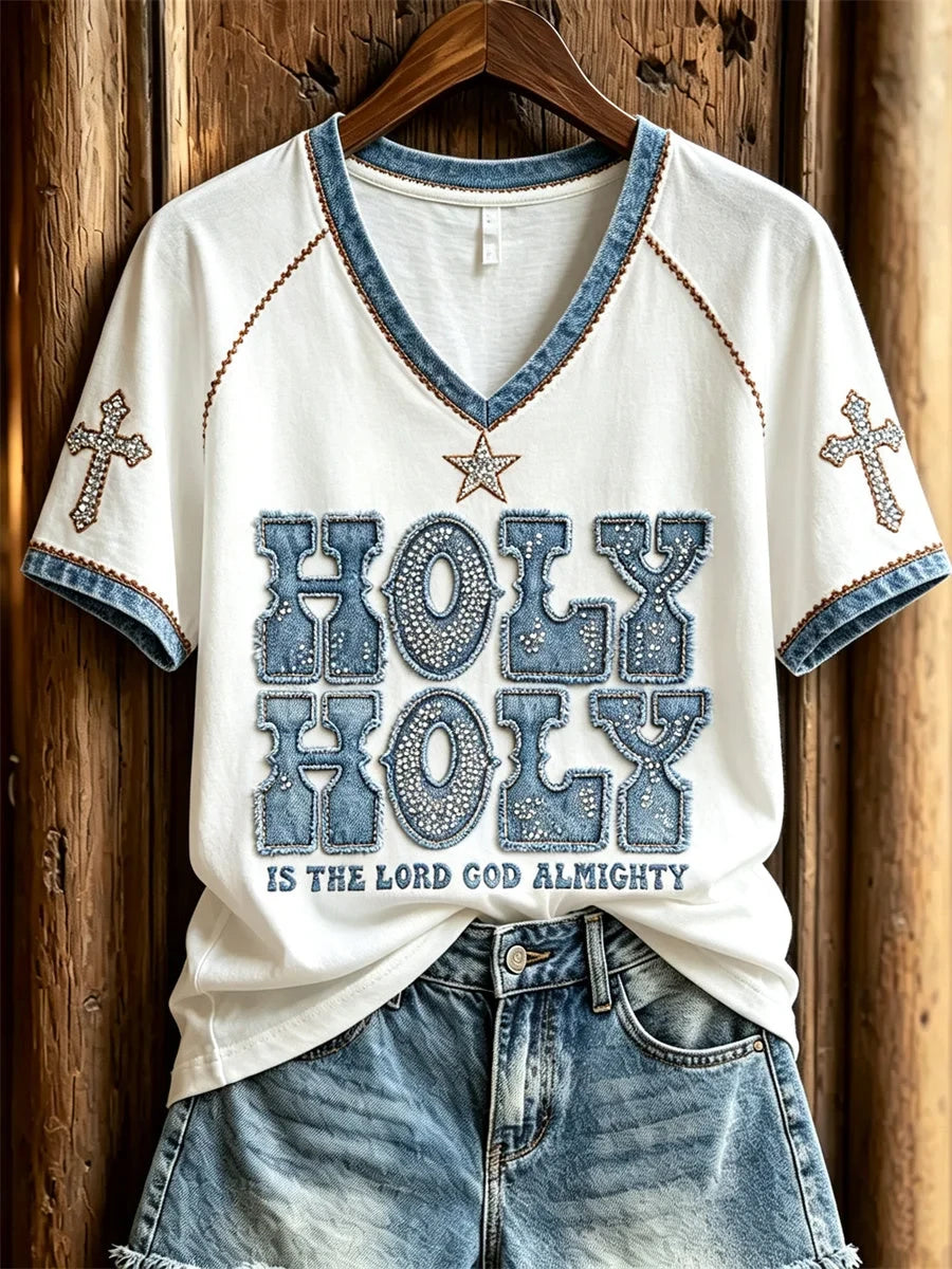Holy Holy Is The Lord God Almighty V-Neck Shirt Christian Cross Clothing Gifts For Her