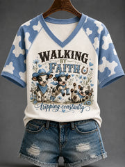 Walking By Faith Tripping Constantly V-Neck Shirt Christian Faith Cows Western Apparel