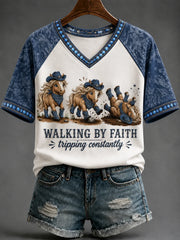 Walking By Faith Tripping Constantly V-Neck Shirt Christian Faith Horse Clothes Gifts For Wife