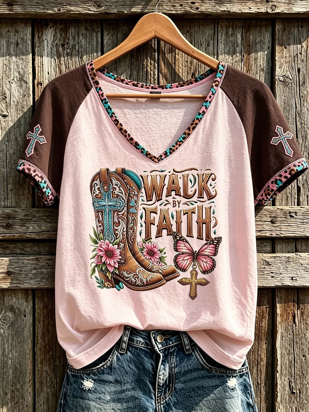 Walk By Faith V-Neck Shirt Christian Cowboy Boot Cross Butterfly Shirt USeful Gifts For Wife