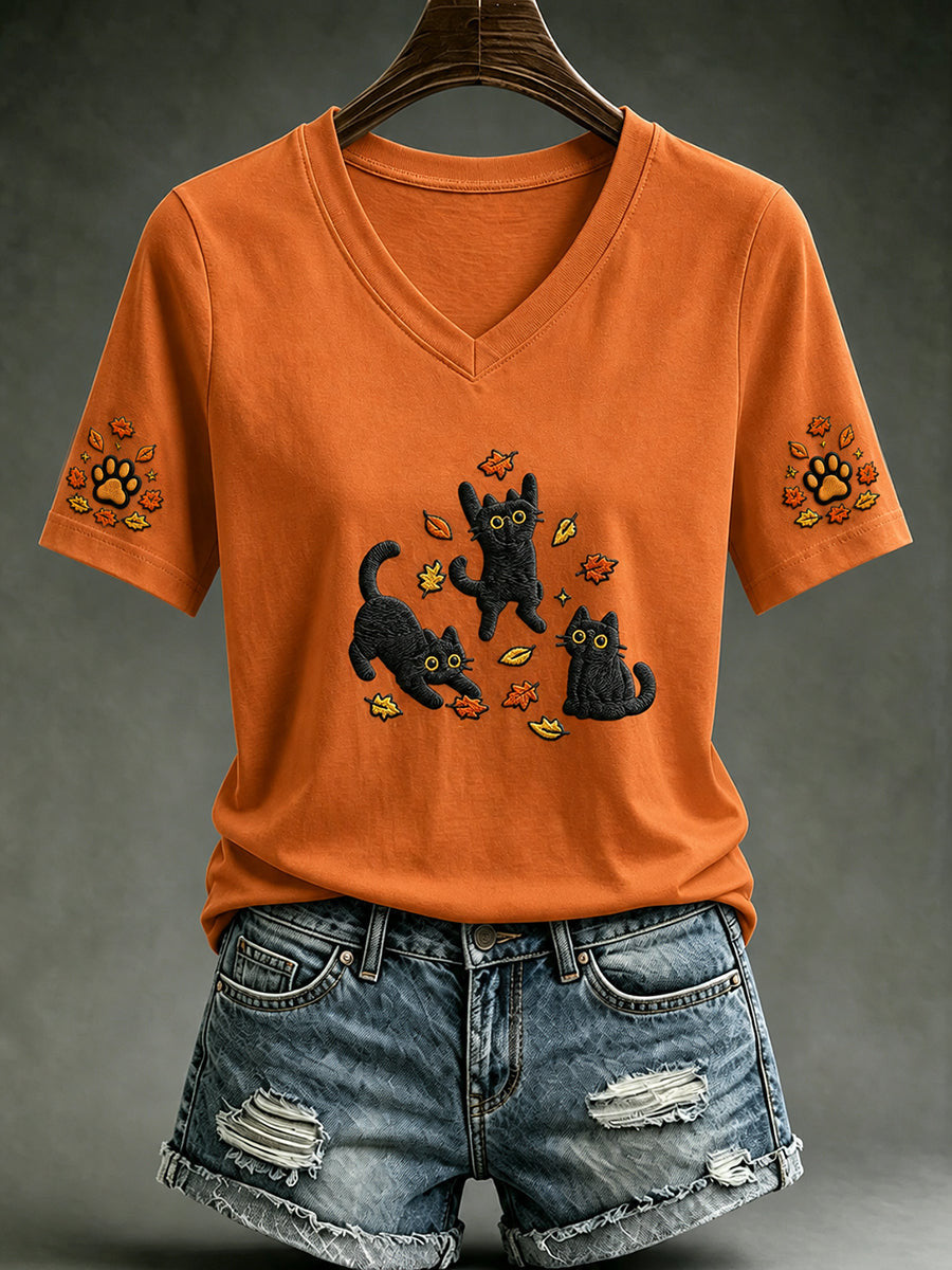 Black Cats Playing In Autumn Leaves V-Neck Shirt Halloween Cats Shirt Birthday Gift For Wife