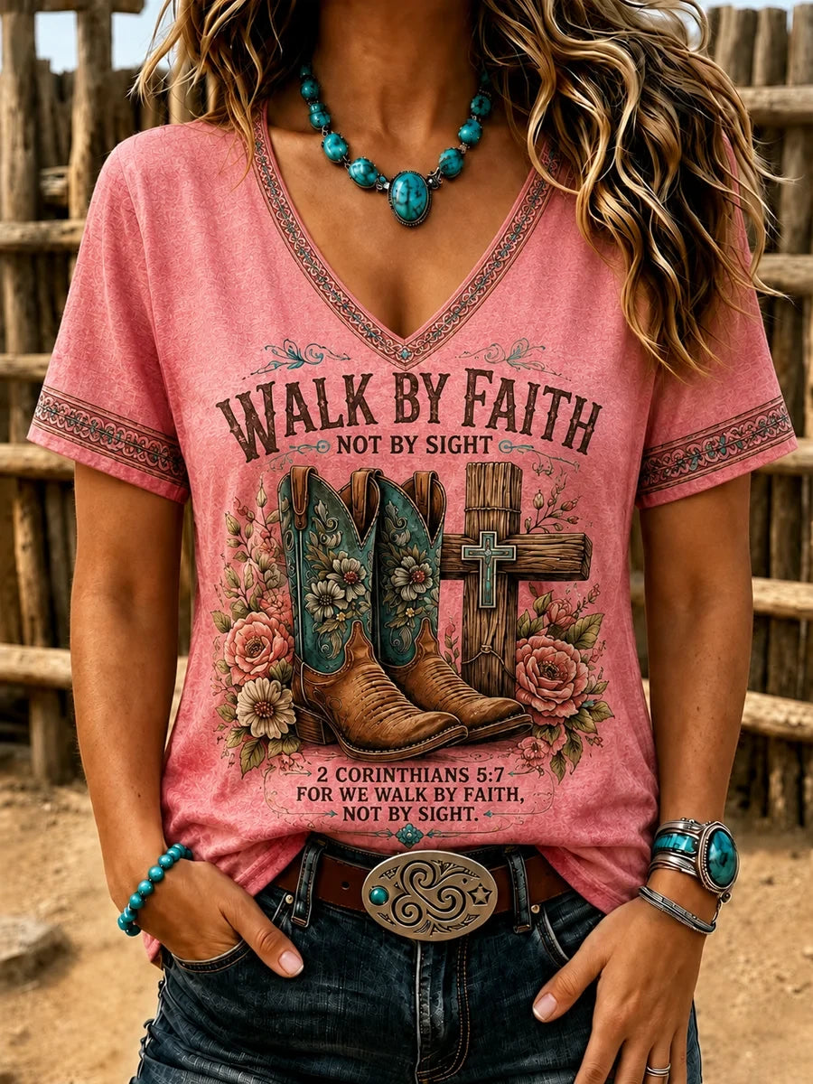 Walk By Faith Not By Sight V-Neck Shirt Christian Boots Cross Shirt Spiritual Graduation Gifts