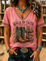 Walk By Faith Not By Sight V-Neck Shirt Christian Boots Cross Shirt Spiritual Graduation Gifts