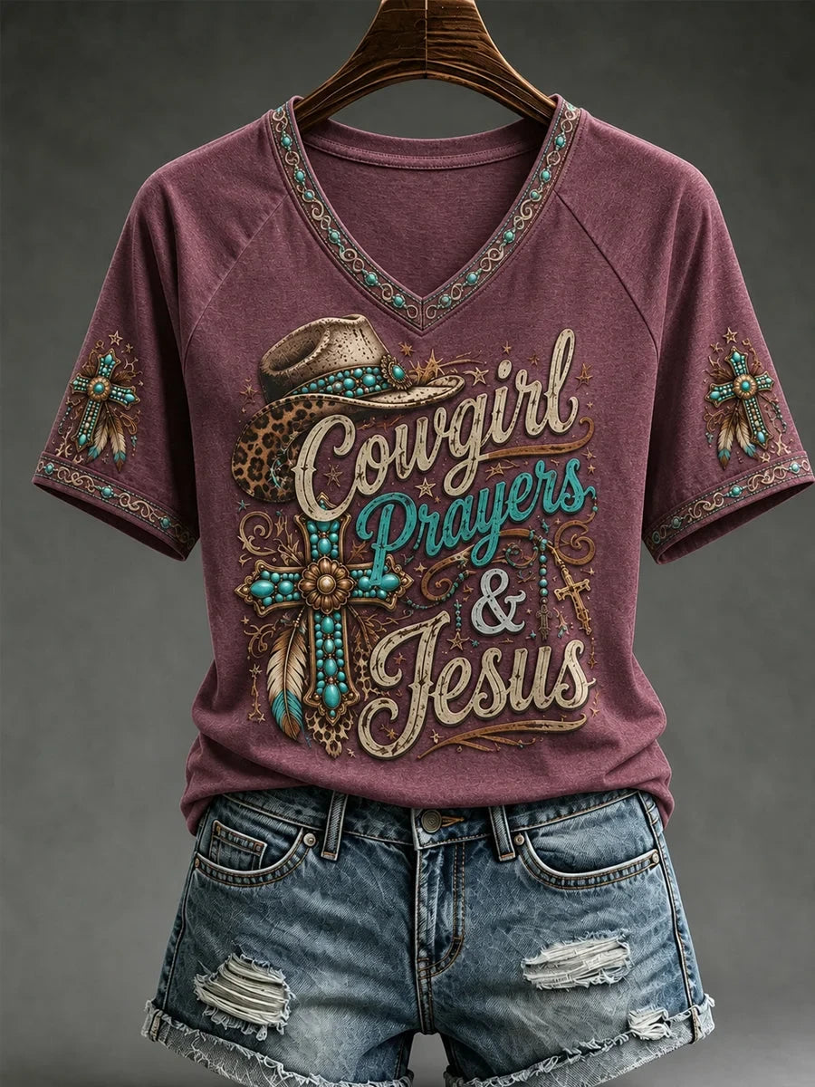 Cowgirl Prayers And Jesus V-Neck Shirt Christian Western Faith Clothing Present For Women