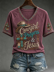 Cowgirl Prayers And Jesus V-Neck Shirt Christian Western Faith Clothing Present For Women
