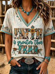 Faith Is Greater Than Fear V-Neck Shirt Christian Faith Cross Sunflower Apparel