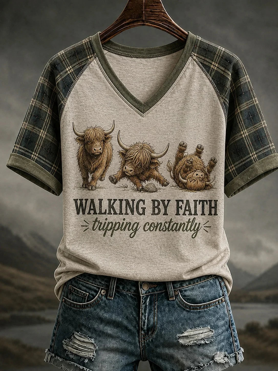 Walking By Faith Tripping Constantly V-Neck Shirt Highland Cow Humor Faith Apparel