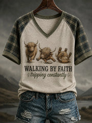 Walking By Faith Tripping Constantly V-Neck Shirt Highland Cow Humor Faith Apparel
