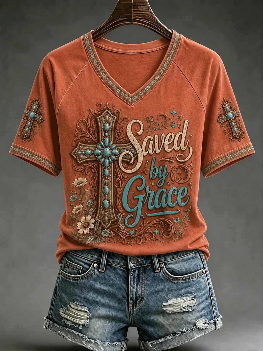 Saved By Grace Cross V-Neck Shirt Christian Cross Faith Shirt Unique Christian Gifts