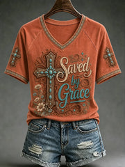Saved By Grace Cross V-Neck Shirt Christian Cross Faith Shirt Unique Christian Gifts