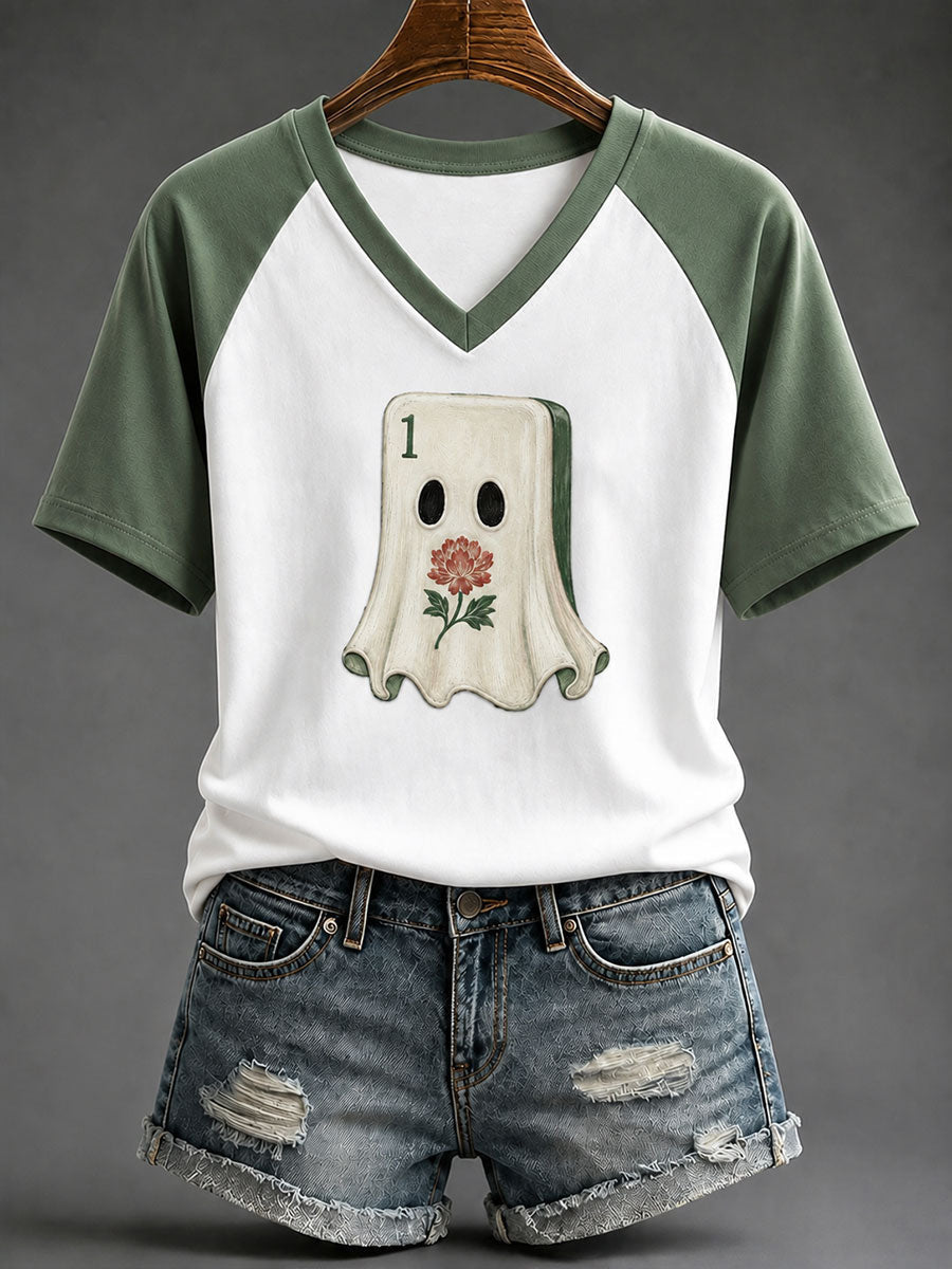 Mahjong Tile Ghost V-Neck Shirt Cute Ghost Mahjong Halloween Shirt Gifts For Mom