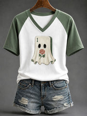 Mahjong Tile Ghost V-Neck Shirt Cute Ghost Mahjong Halloween Shirt Gifts For Mom
