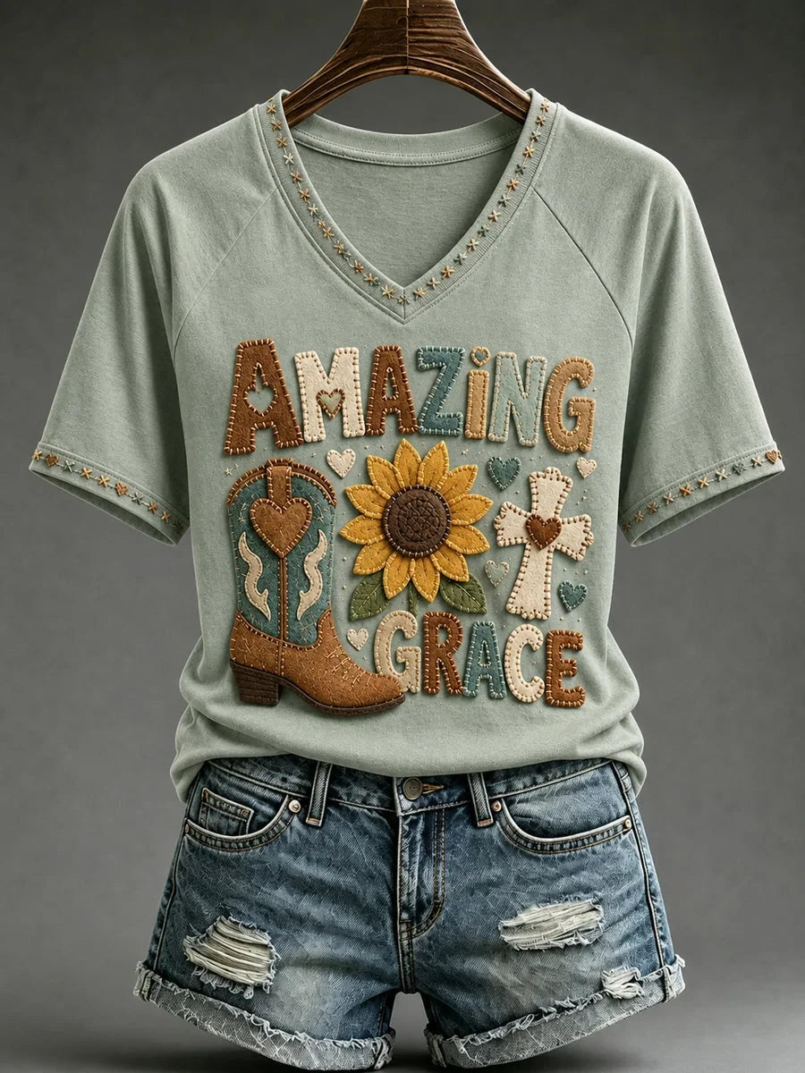 Amazing Grace V-Neck Shirt Christian Faith Sunflower Cowboy Boot Cross Clothing