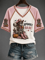 Spooky Babe Skeleton Cowgirl V-Neck Shirt Halloween Cowboy Shirt Unique Apparel Gift