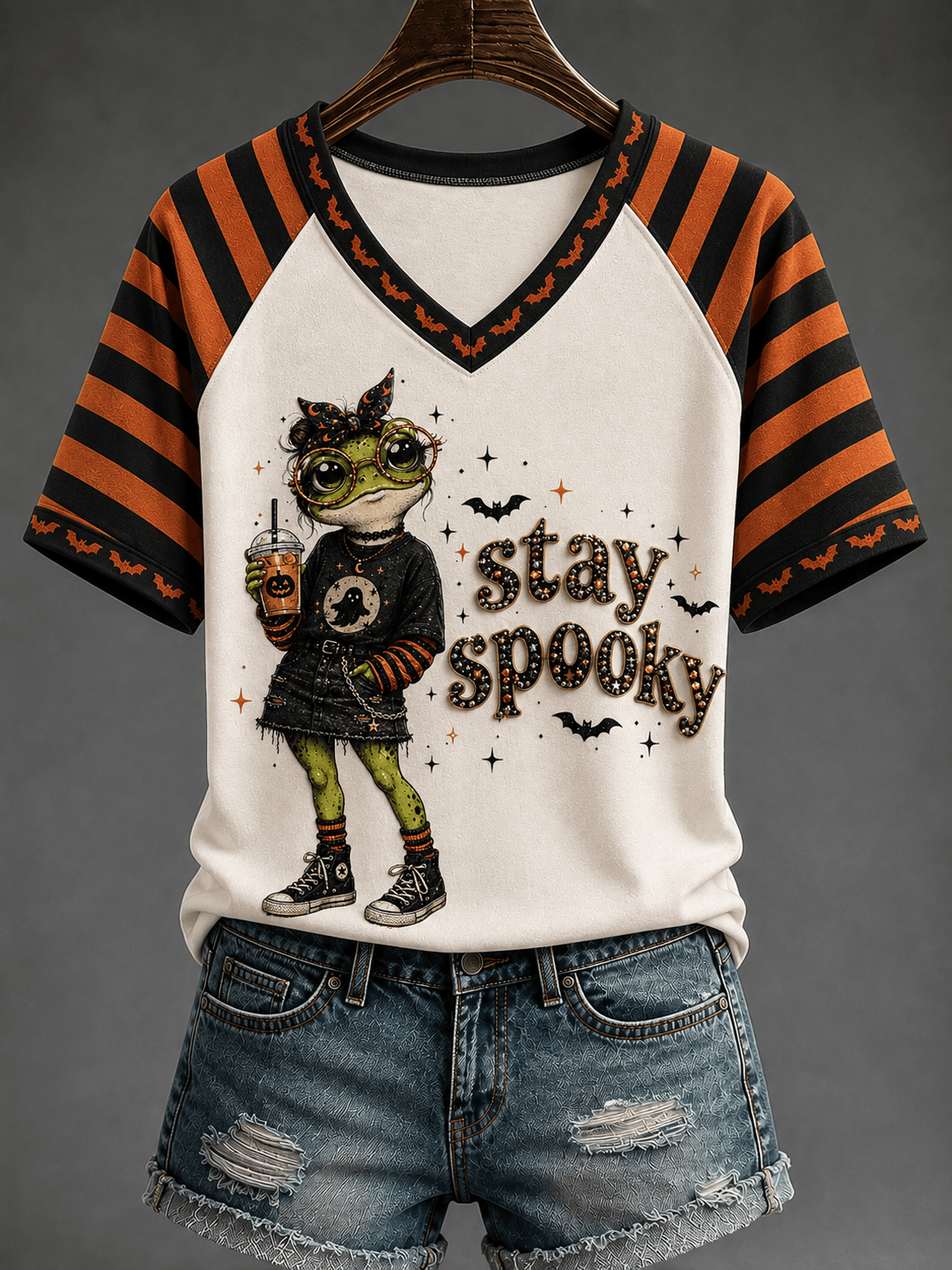 Stay Spooky V-Neck Shirt Halloween Frog Merch Birthday Ideas For Wife