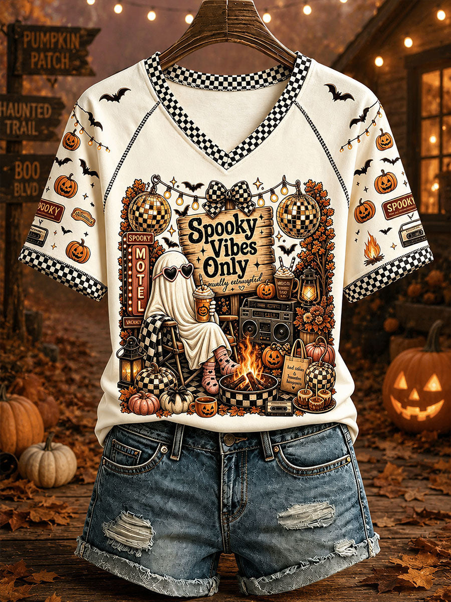Spooky Vibes Only V-Neck Shirt Halloween Ghost Merch Best Women Halloween Outfit