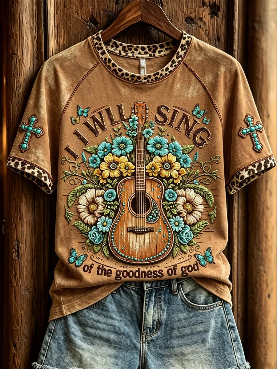 I Will Sing Of The Goodness Of God T-Shirt Christian Cross Guitar Flowers Shirt Gifts For Women