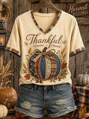 Thankful Grateful Blessed Harvest Blessings V-Neck Shirt Autumn Thanksgiving Shirt Spooky Gifts