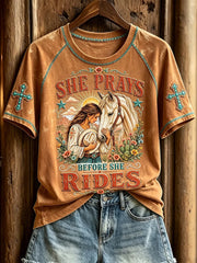 Christian Cowgirl Western Faith Horse T-Shirt She Prays Before She Rides Clothing Present