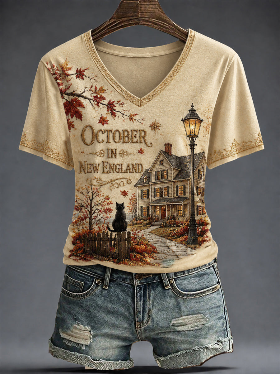October In New England V-Neck Shirt Autumn Halloween Shirt Halloween Outfits For Women