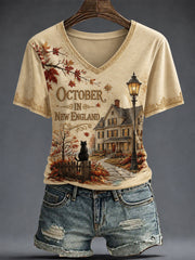October In New England V-Neck Shirt Autumn Halloween Shirt Halloween Outfits For Women