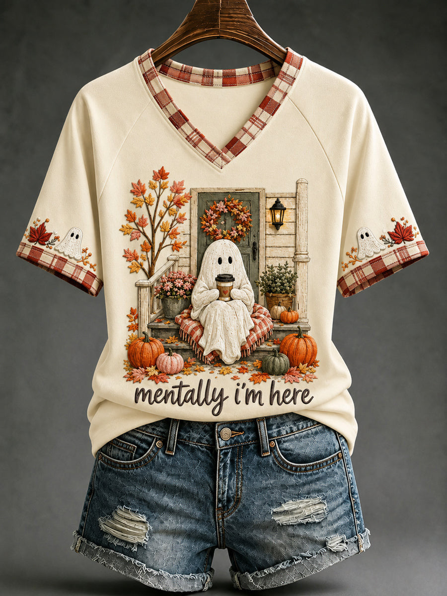 Mentally I'm Here V-Neck Shirt Autumn Halloween Merch Cute Halloween Apparel