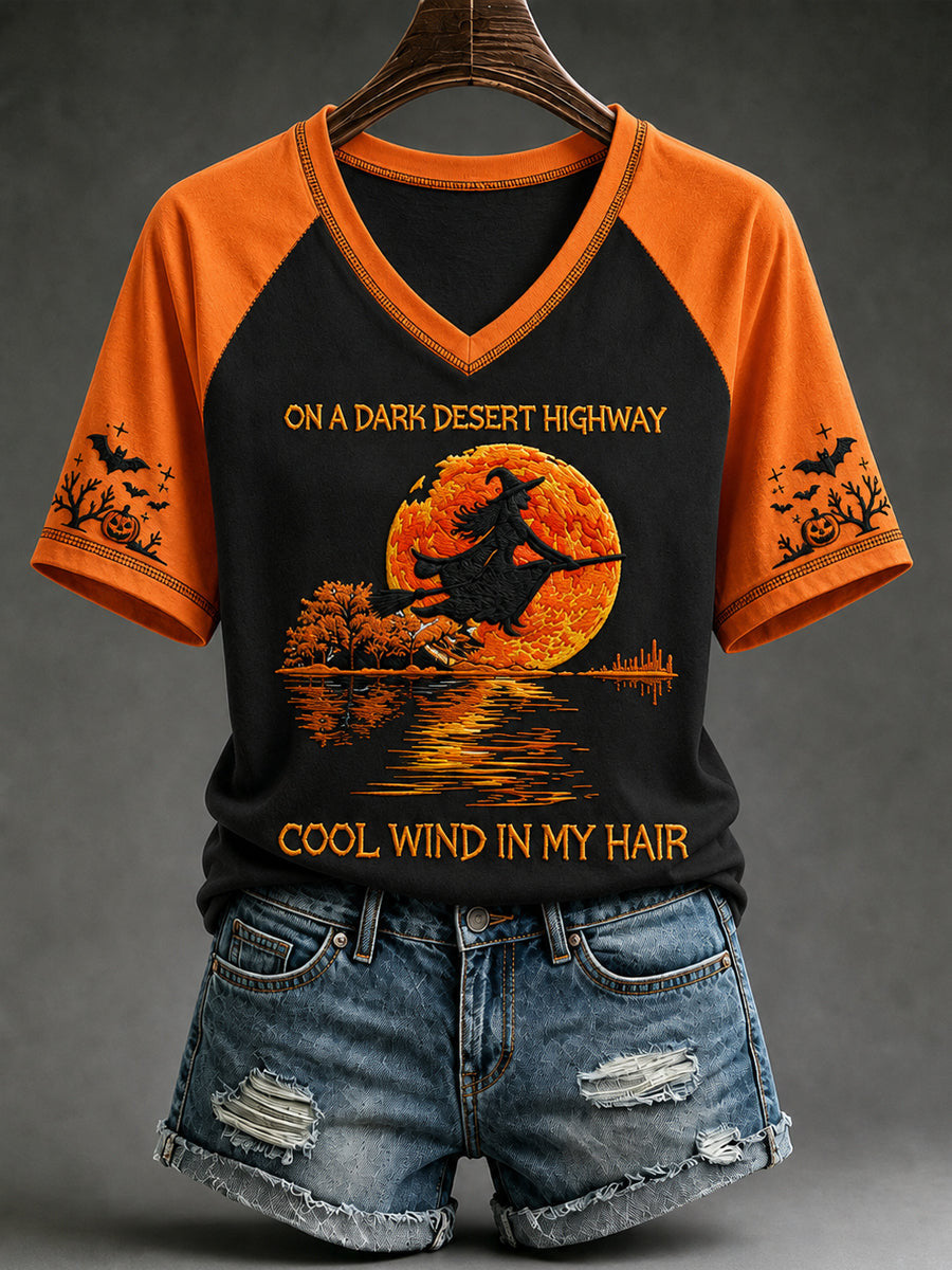 On A Dark Desert Highway Witch V-Neck Shirt Cool Wind In My Hair Halloween Shirt Spooky Gifts