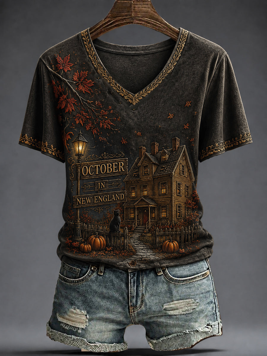 October In New England V-Neck Shirt Autumn Halloween Merch Women Halloween Apparel