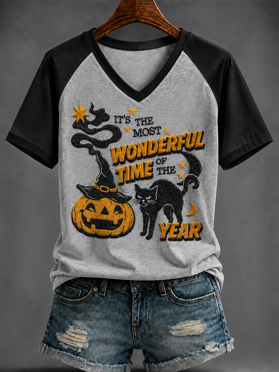 It's The Most Wonderful Time Of The Year V-Neck Shirt Halloween Cat Tee Apparel For Spooky Lover